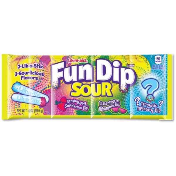 Fun Dip - Sour 3 Flavour Pack 39.6g - 24 Pack - Retro Candy - Wonka